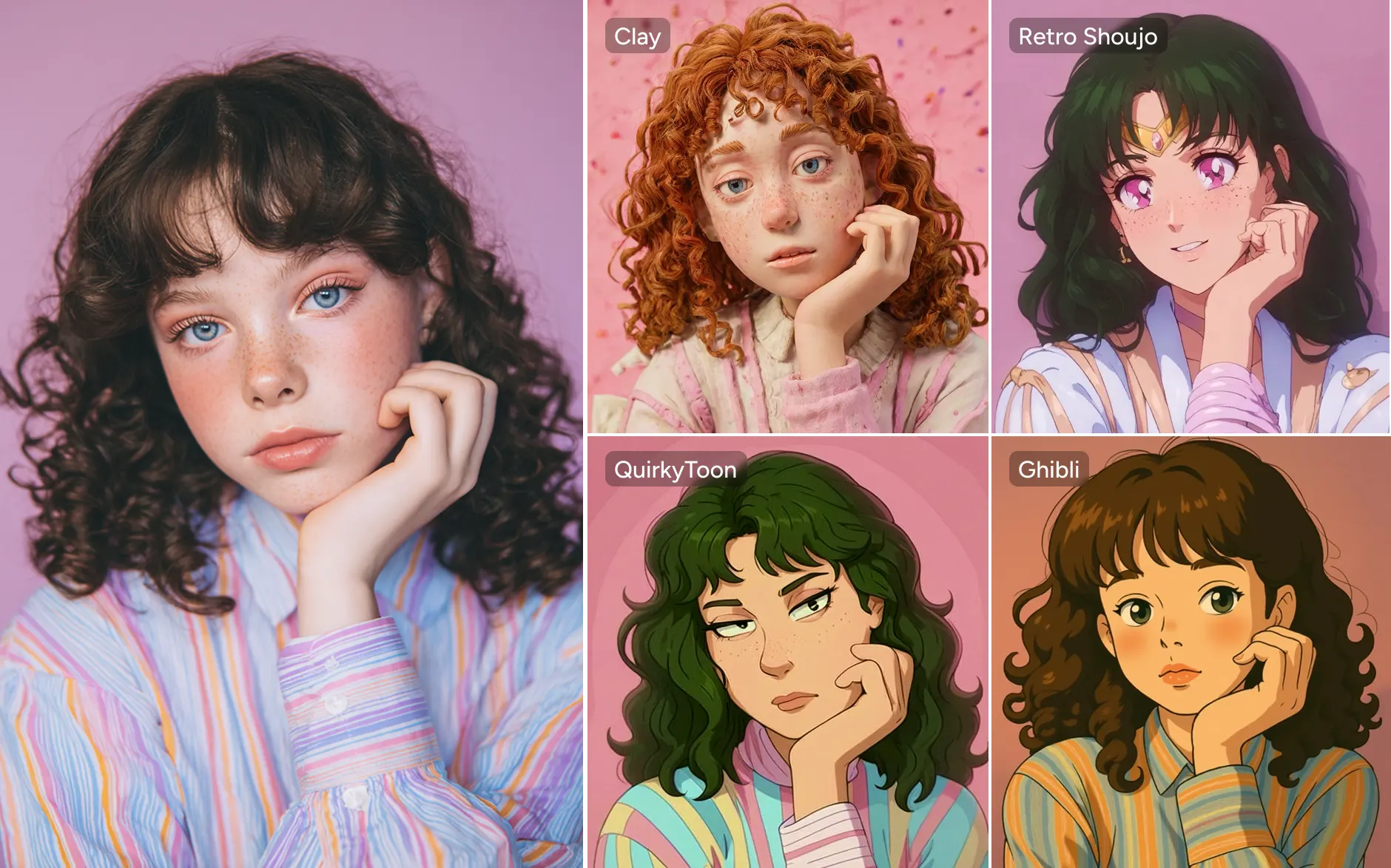 effet avant/après de l’ajout de quatre filtres différents à une jeune fille aux cheveux bouclés dans AIEase