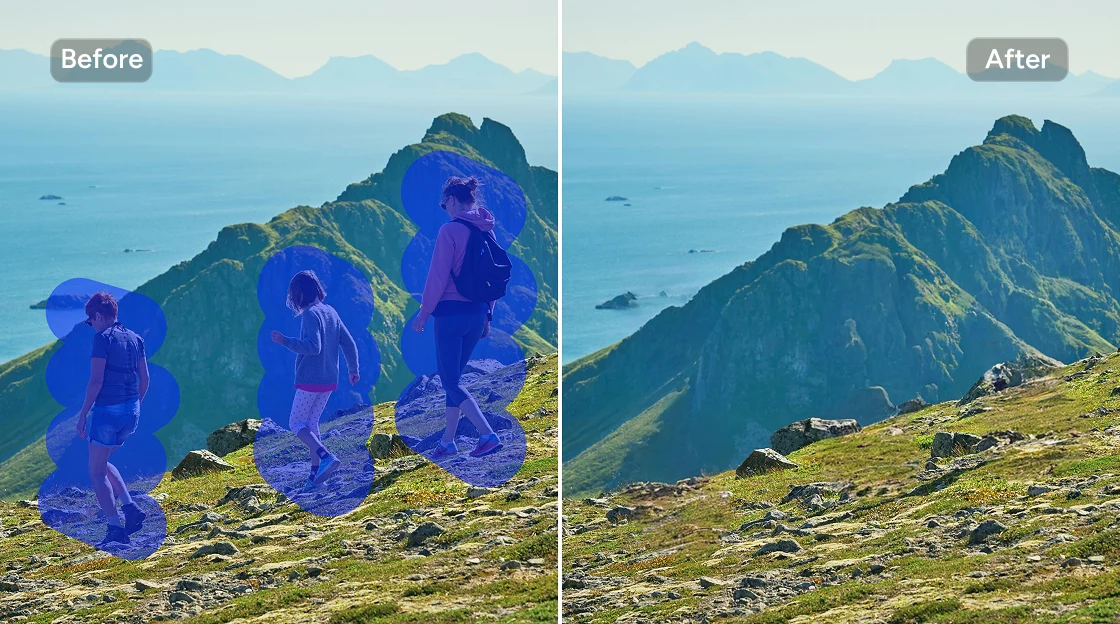 AI Easeの無料オブジェクト削除ツールを使用して山の風景画像から 3 人を消す