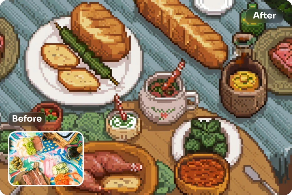 AI Easeの無料aiフィルターを使用して、食品画像をドット絵風にする前後の効果