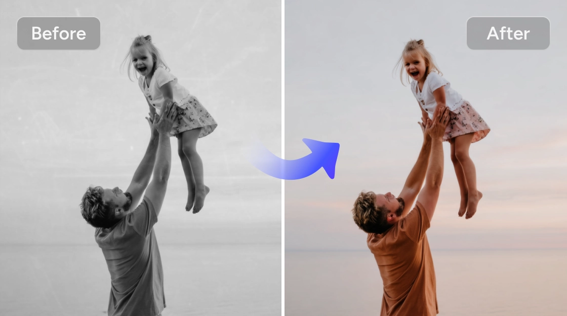 나노 바나나 AI로 아버지가 딸을 안고 있는 흑백 이미지를 컬러화하기