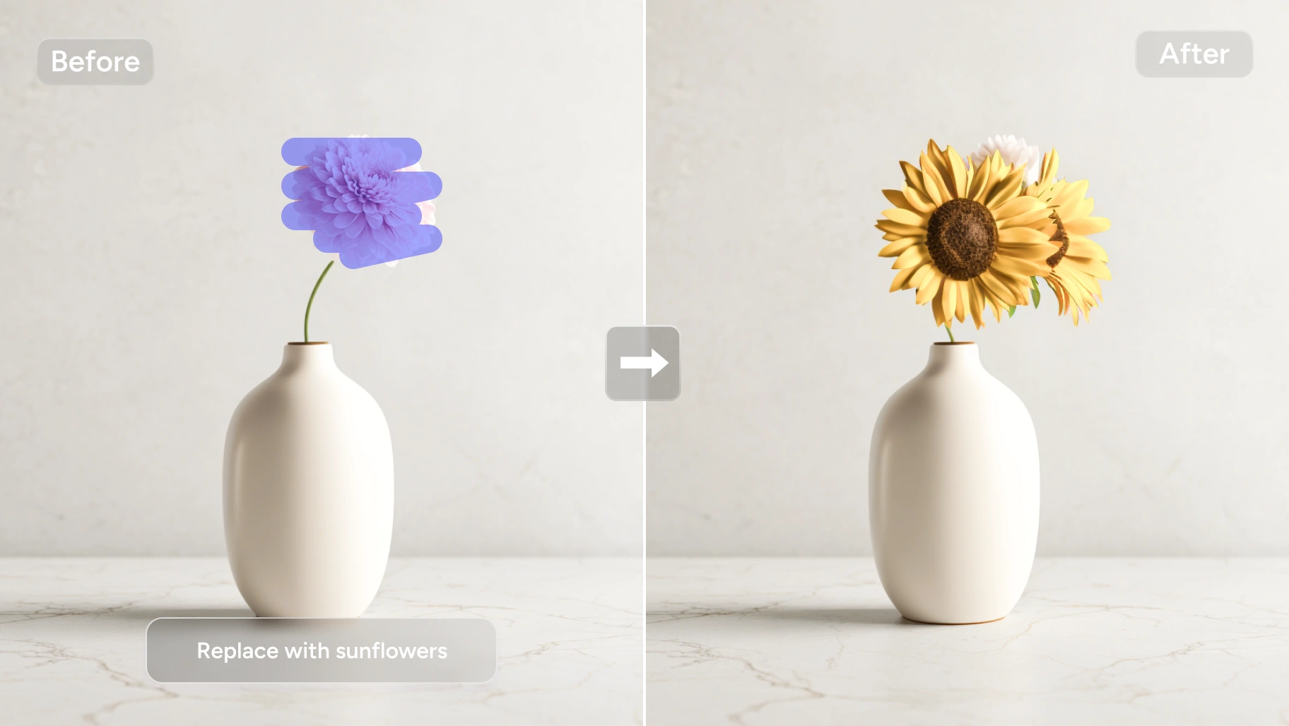 efeito de antes e depois de transformar um cravo em um girassol no substituidor de ia do aiease