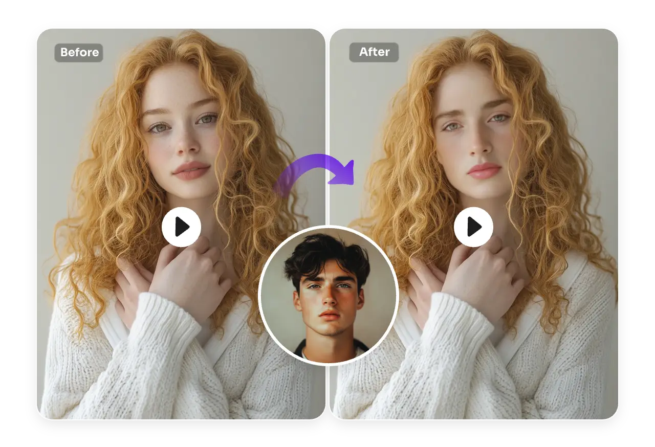 envie um retrato masculino e troque o rosto com um vídeo de uma mulher tocando o pescoço com resultados realistas