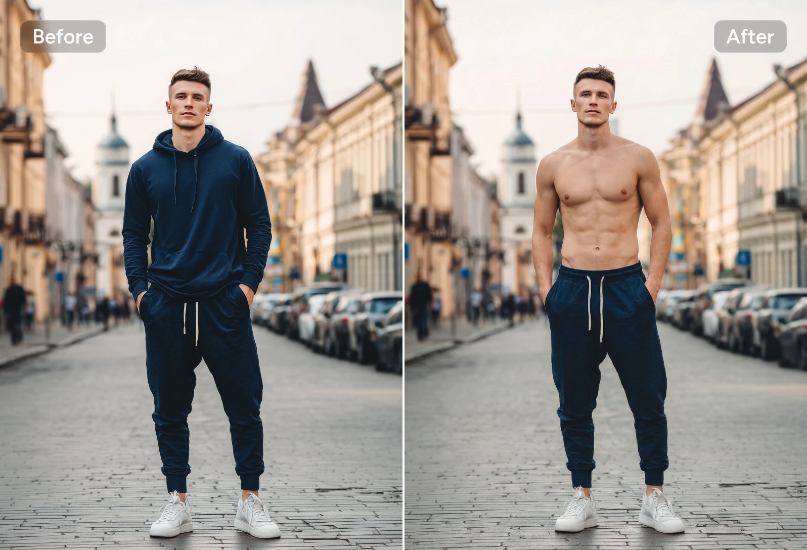 comparación de antes y después de quitar la sudadera con capucha de un hombre