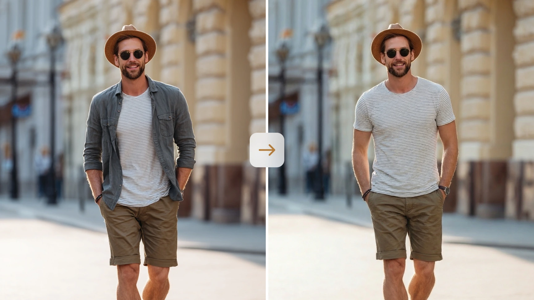 comparación de antes y después de quitar la camisa a un hombre con estilo que lleva sombrero y gafas de sol
