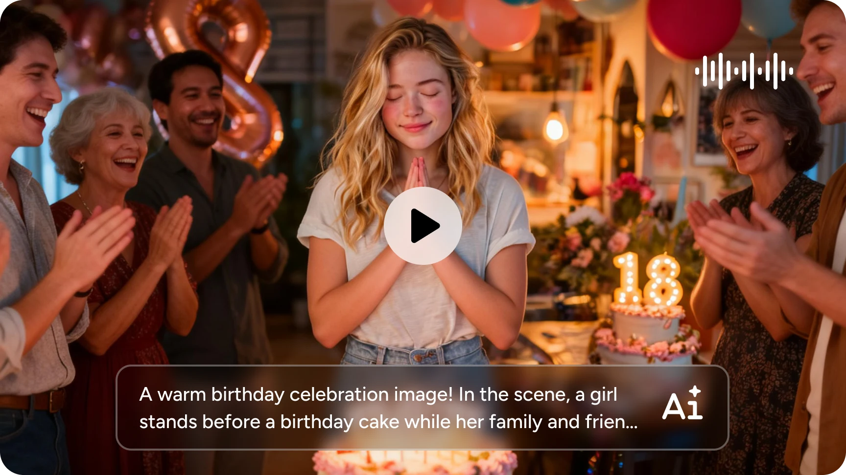 video ai di una ragazza e della sua famiglia che festeggiano il suo 18° compleanno generato da testo dal creatore di video di compleanno ia