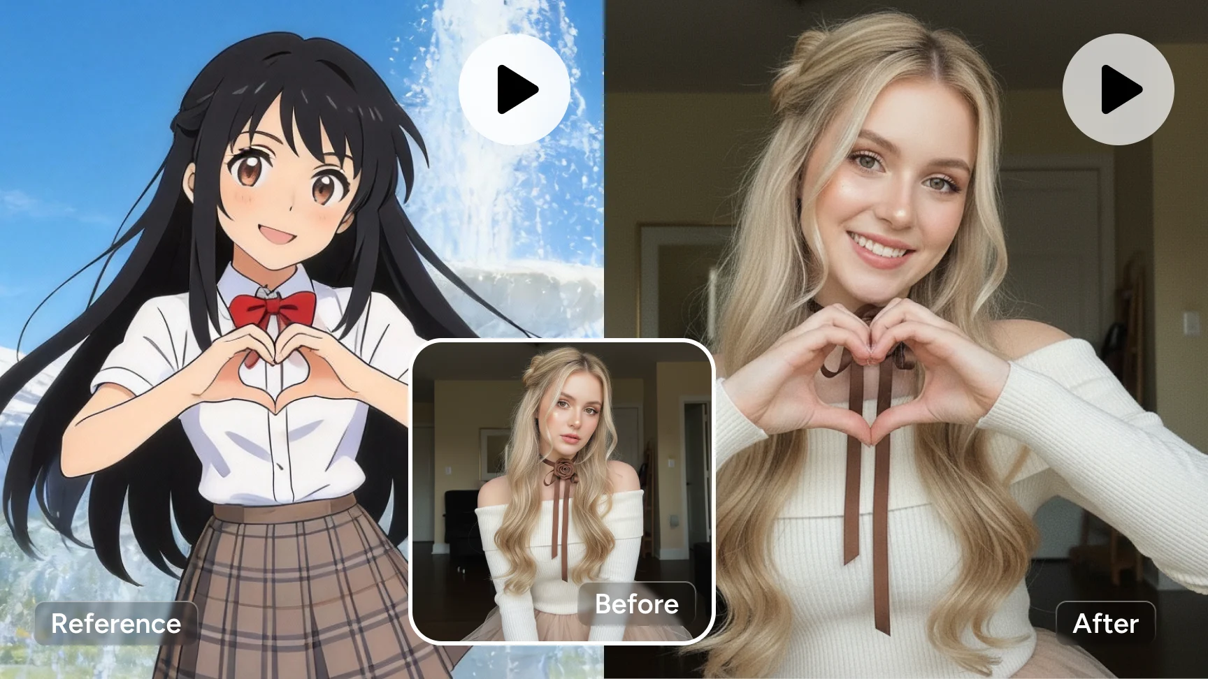 애니메이션 러브 댄스 영상을 레퍼런스로 사용해 실제 여성 댄스 영상을 생성