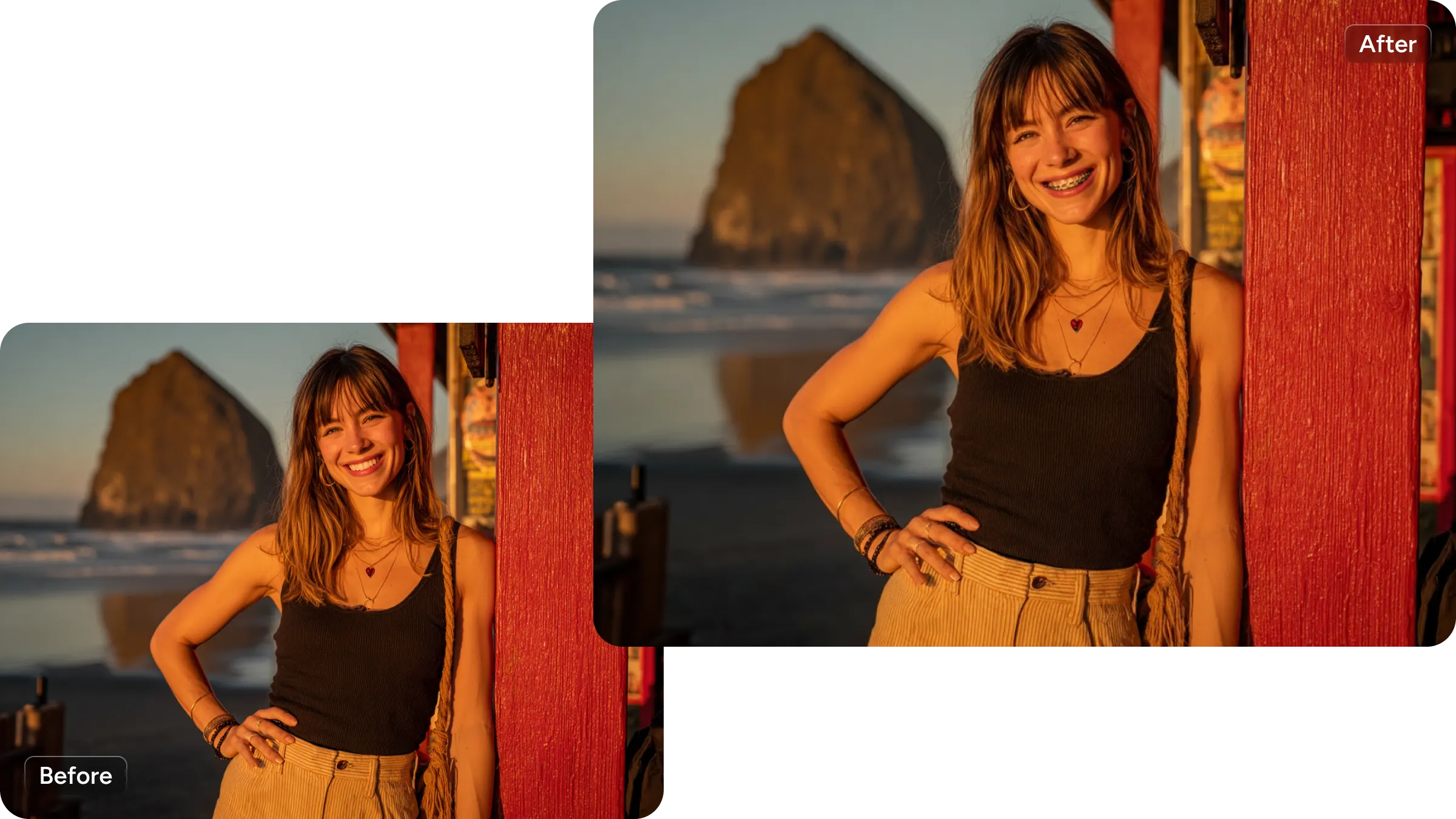 comparaison avant/après de l’ajout du filtre d’appareil dentaire sur la photo d’une femme souriante