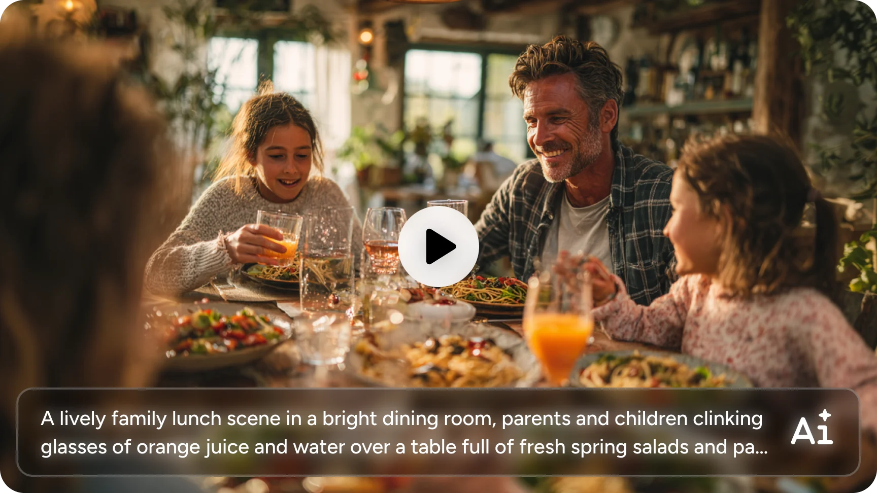 usando gerador de texto para vídeo foi criado um vídeo de uma família jantando