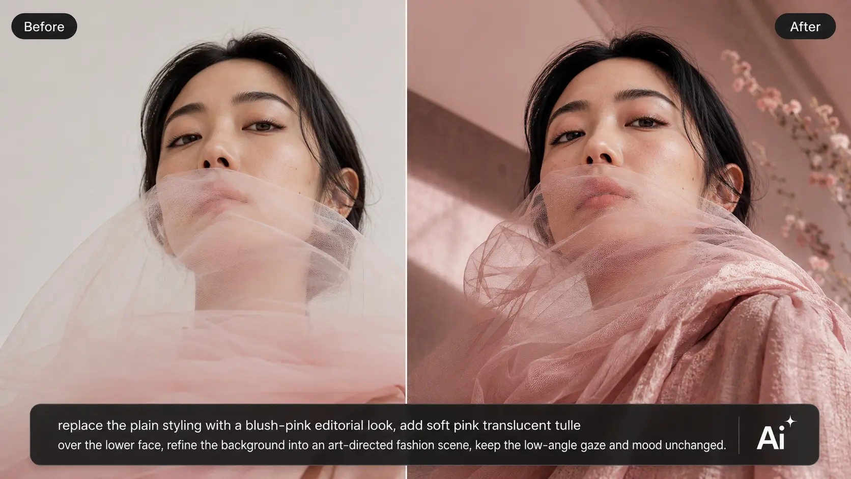 AI before-and-after blush pink editorial portrait transformation