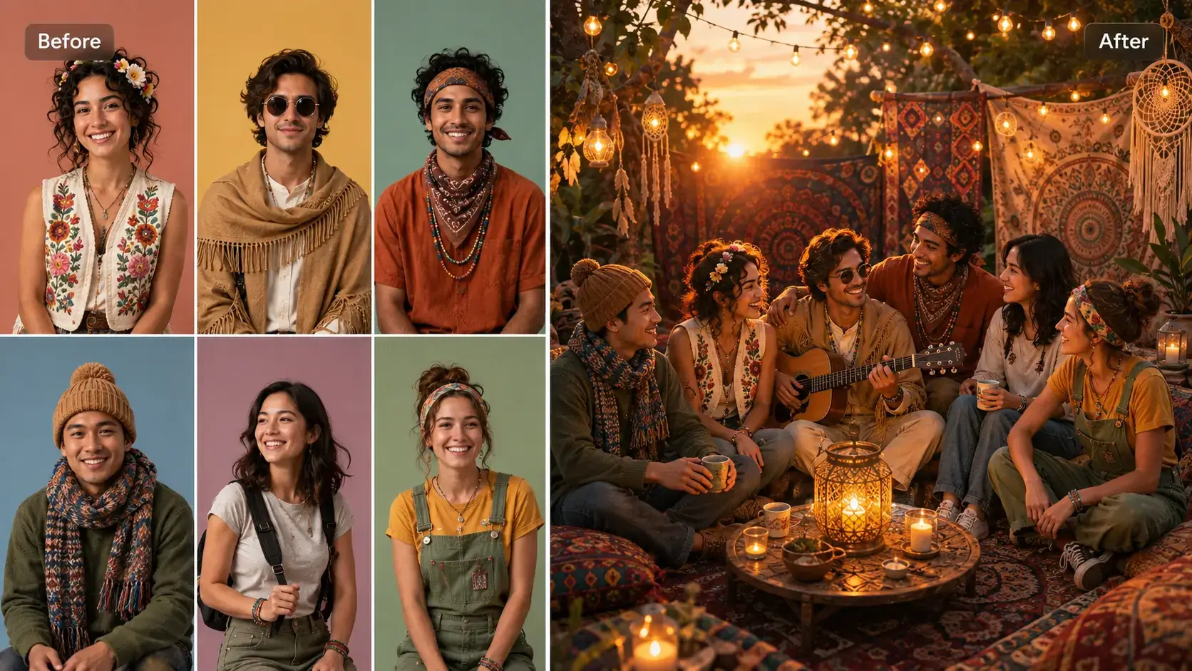 AI transformation from individual portraits to a bohemian gathering