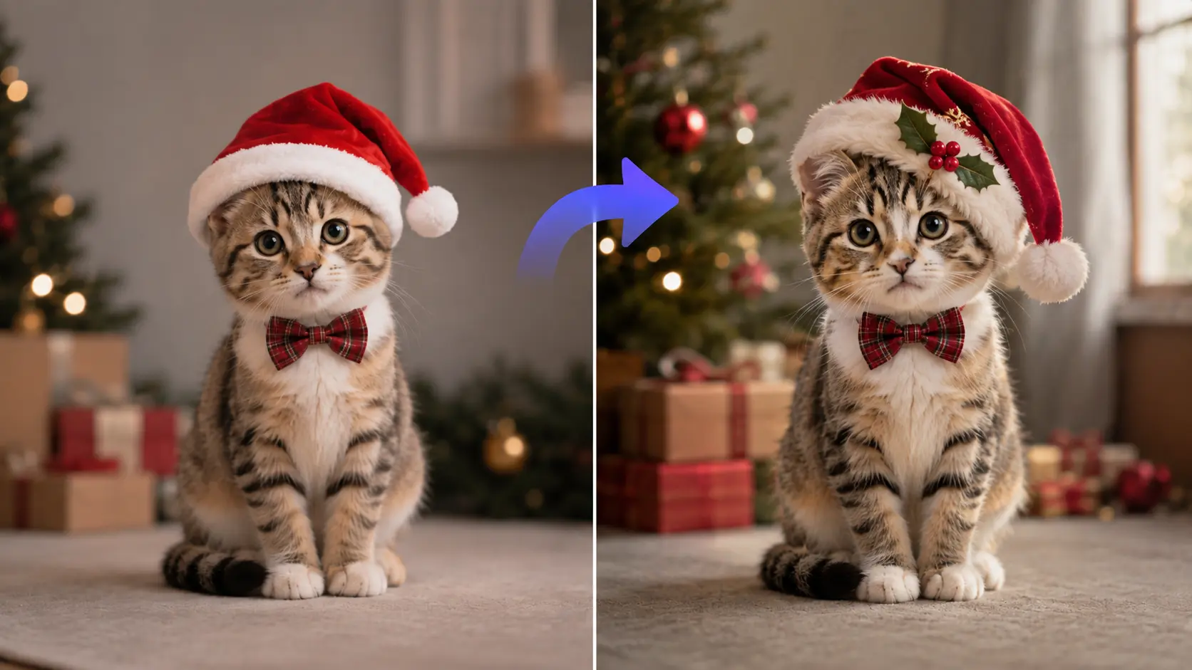 AI-edited Christmas kitten wearing a festive Santa hat