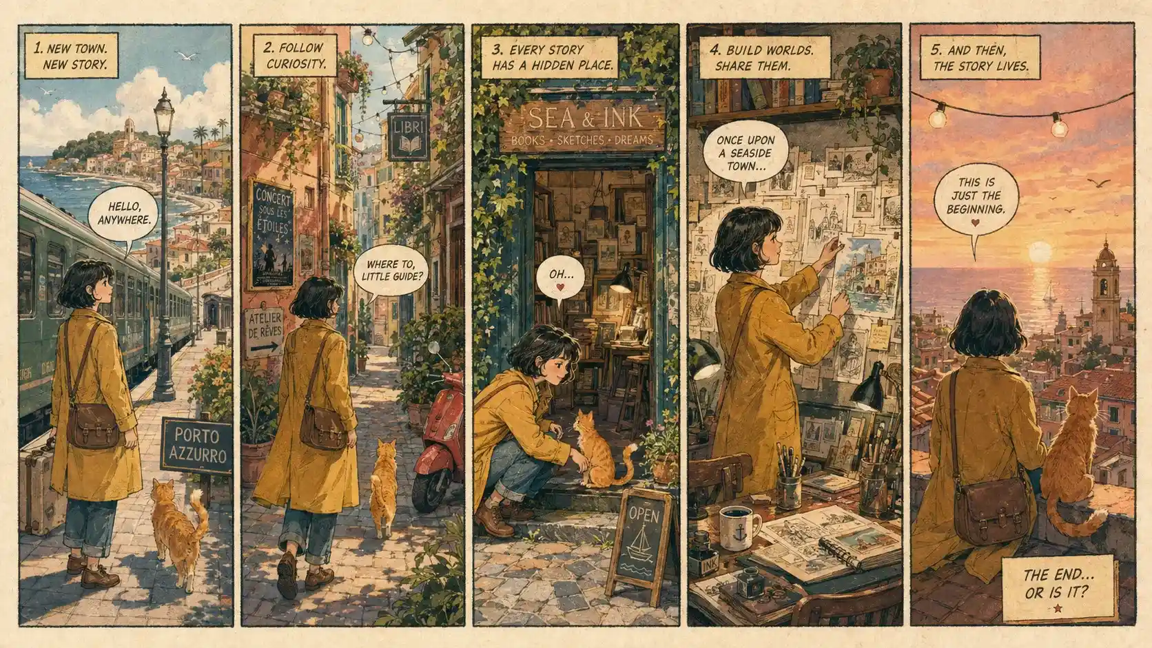 Illustrated comic character exploring a seaside town with a cat