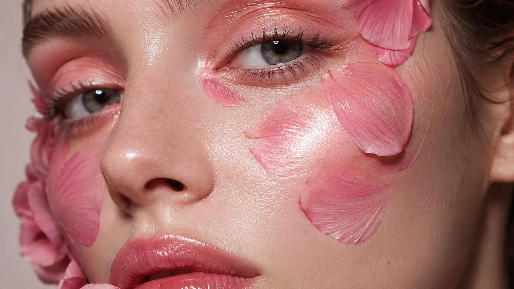 Beauty portrait with glossy pink makeup and flower petals