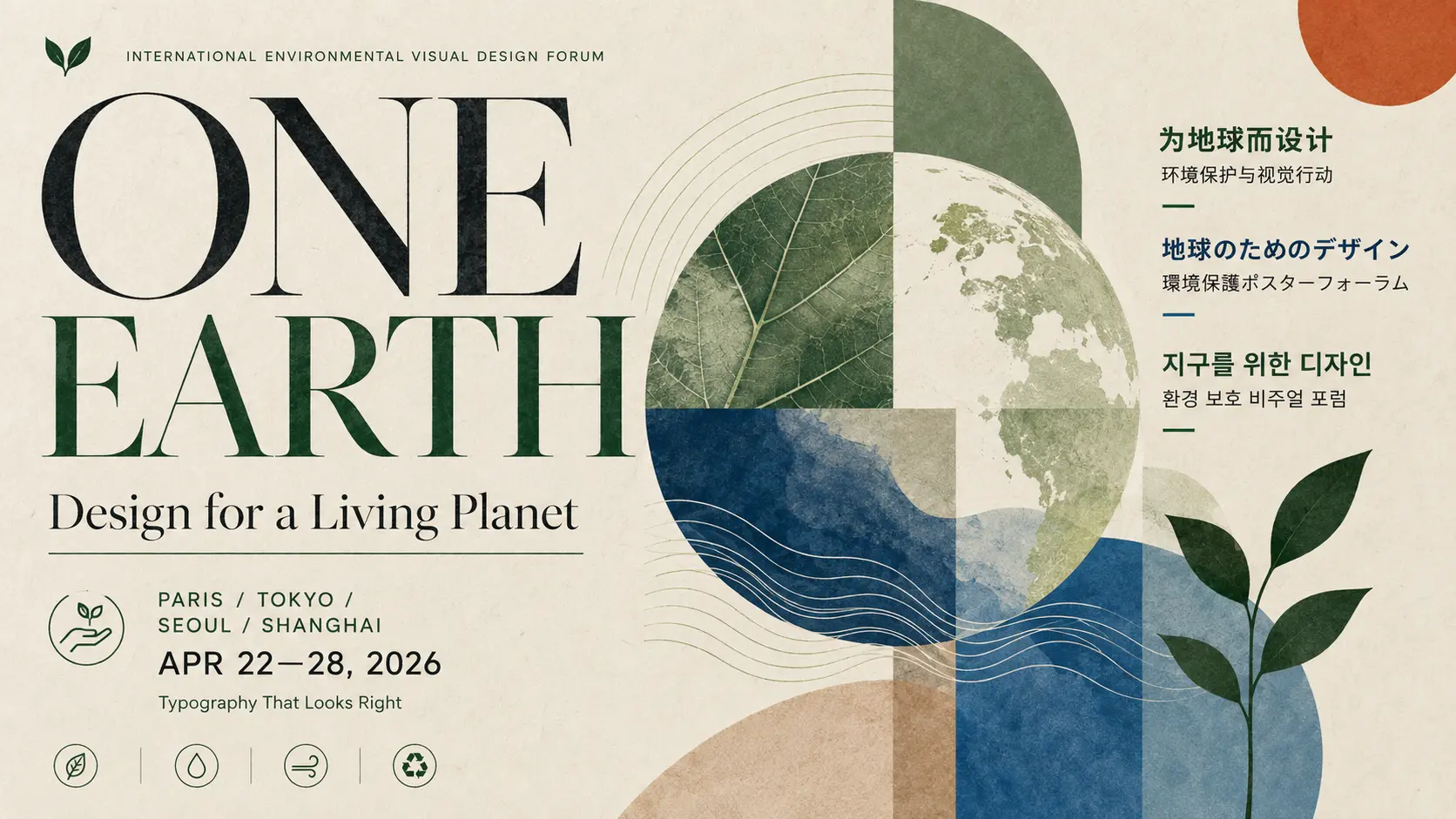 One Earth environmental design forum poster with global imagery