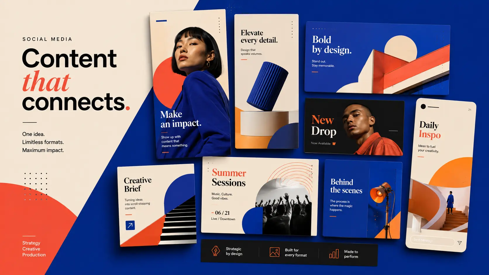 Bold social media content templates in blue and orange