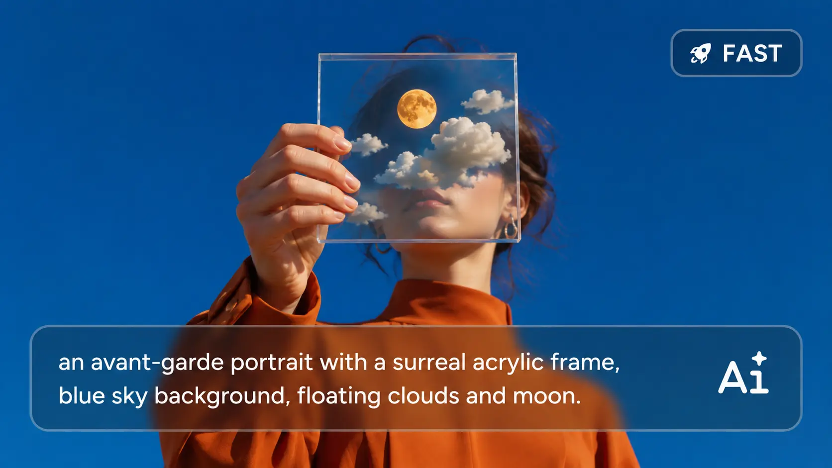 Surreal portrait holding an acrylic frame with clouds and moon
