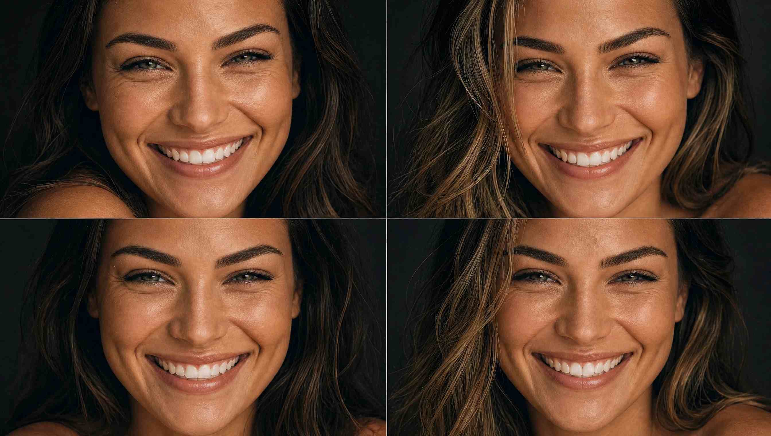 Four Midjourney portrait variations of a smiling brunette woman shown in a close-up grid