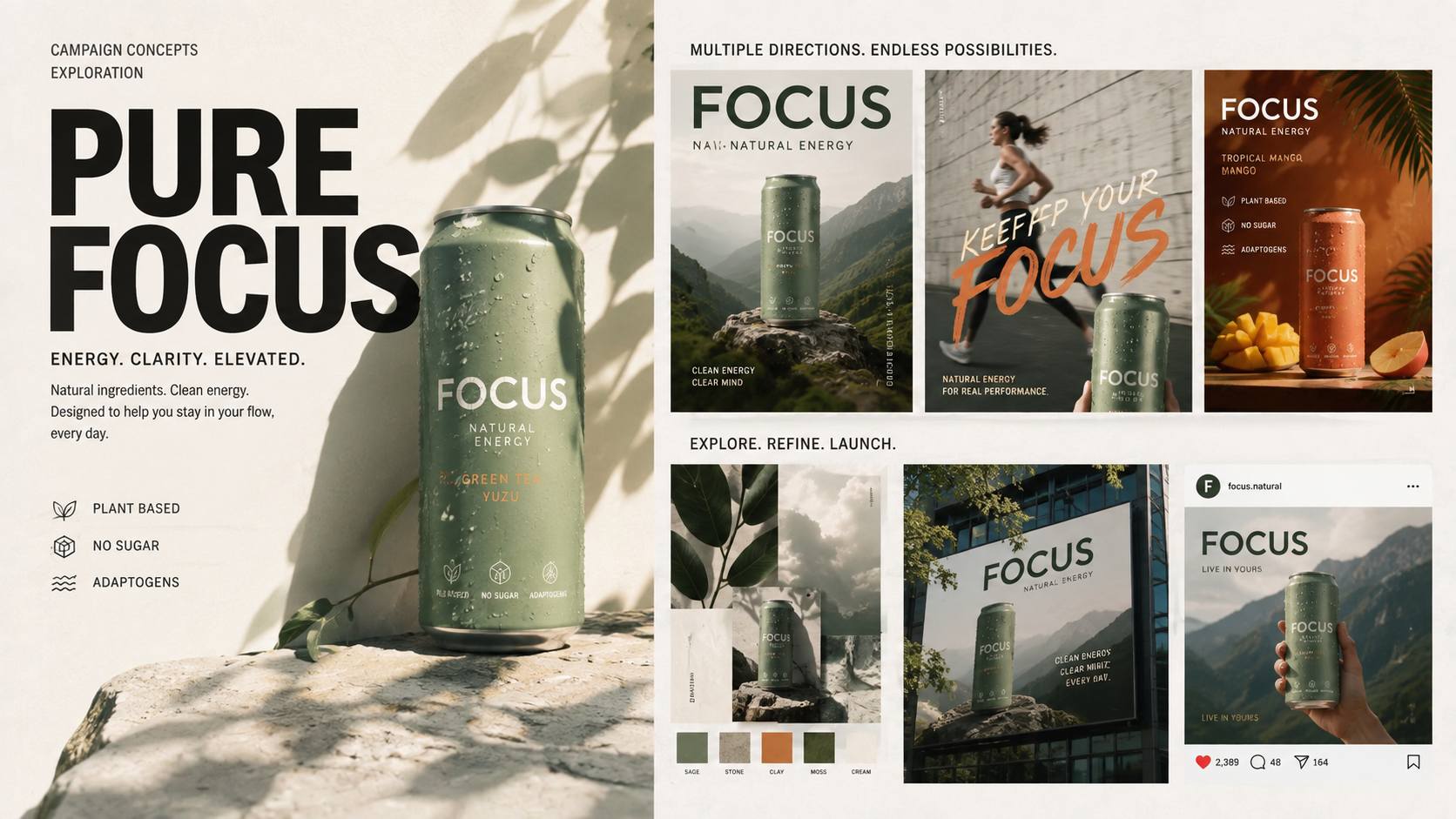 Midjourney advertising concept board for a natural energy drink, featuring packaging, posters, and social media visuals