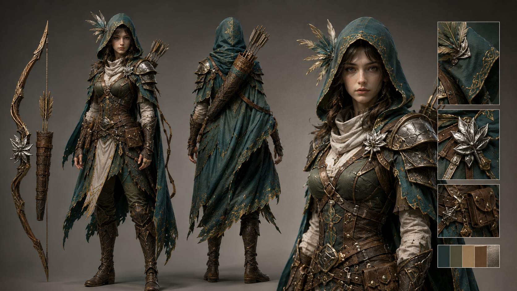 Midjourney fantasy character design sheet of a hooded female archer with ornate armor, weapons, and costume details
