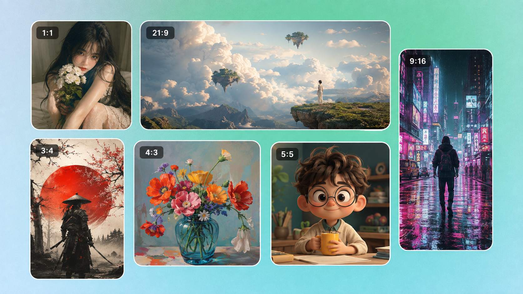 Midjourney image examples in multiple aspect ratios, including portraits, fantasy landscapes, flowers, and a neon city