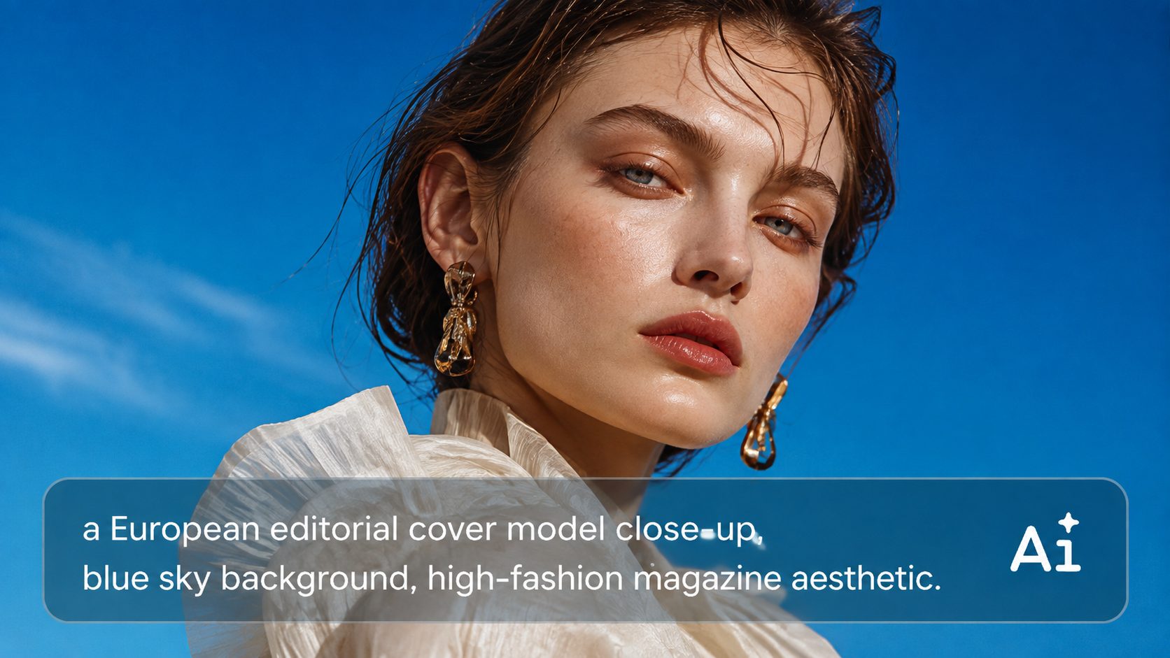 Midjourney high-fashion editorial portrait of a woman wearing gold earrings against a vivid blue sky