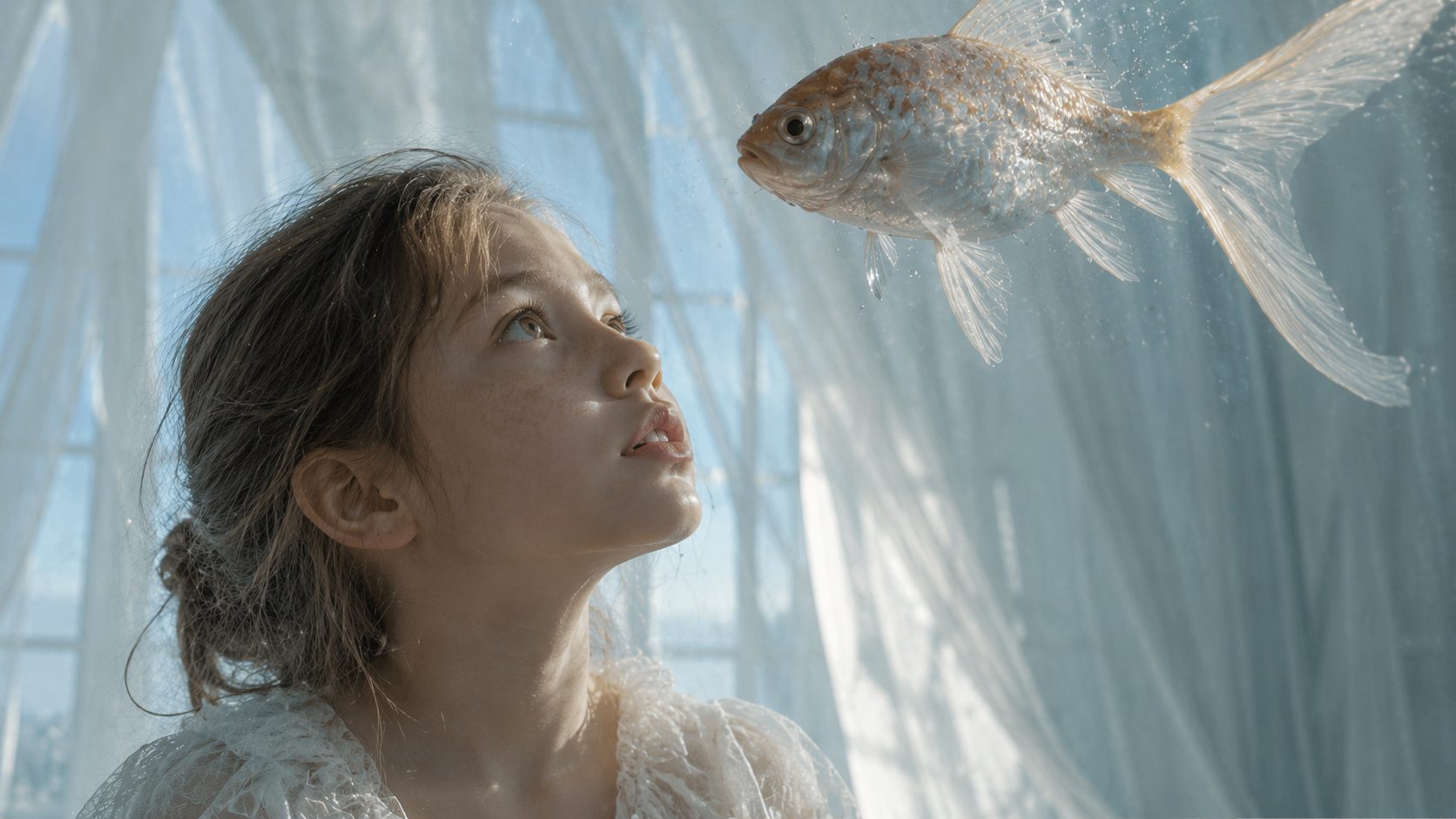 Midjourney fantasy artwork of a young girl gazing at a floating silver fish in a softly lit dreamlike room
