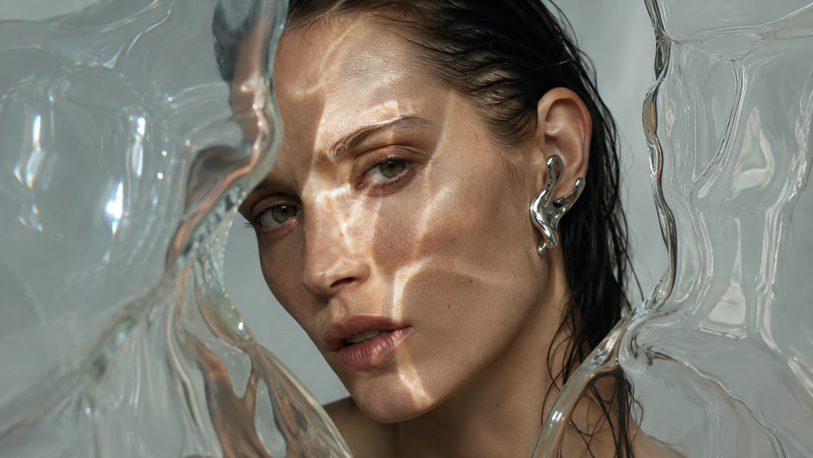Close-up beauty portrait framed by translucent hand-blown glass