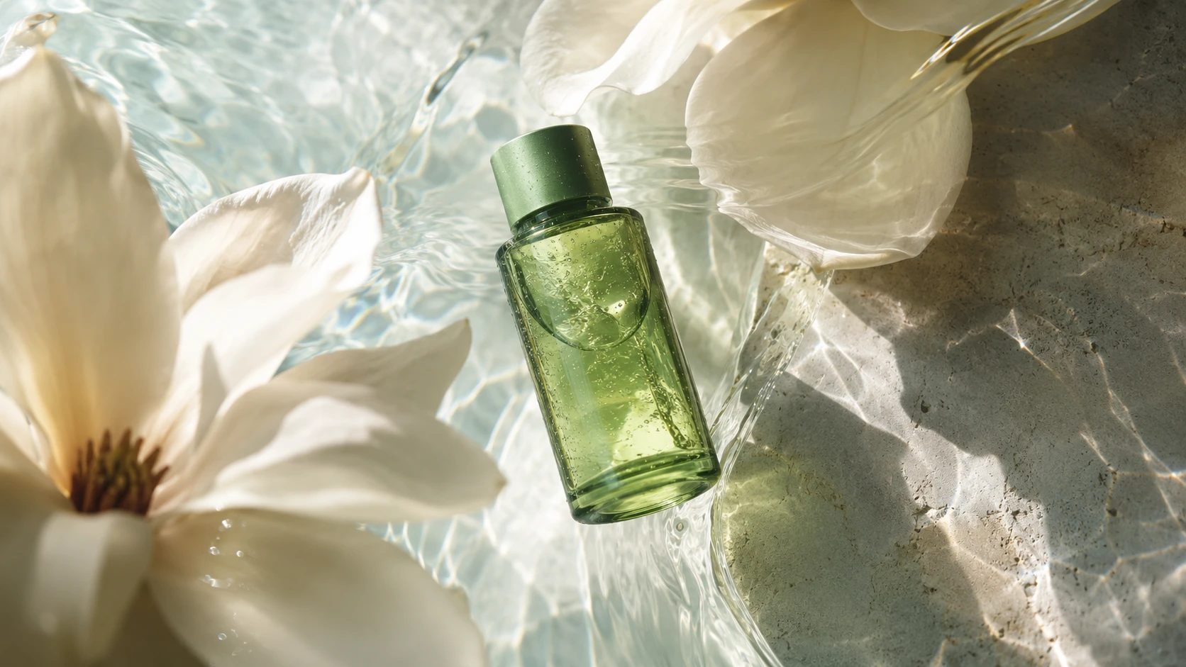 Midjourney product concept featuring a green glass cosmetic bottle surrounded by water, stone, and white flowers