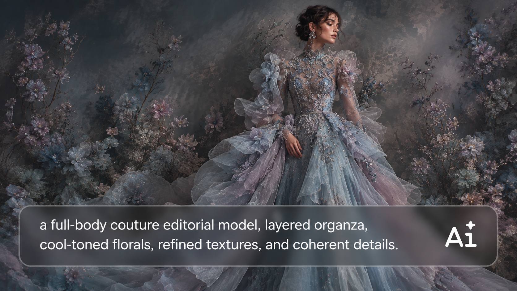 Midjourney couture editorial portrait of a woman in an ornate blue organza gown surrounded by cool-toned flowers