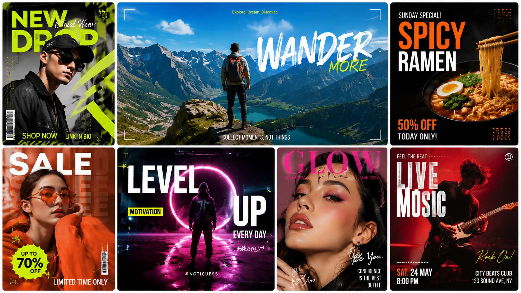 Midjourney social media design collection featuring fashion, travel, food, beauty, fitness, and music promotions