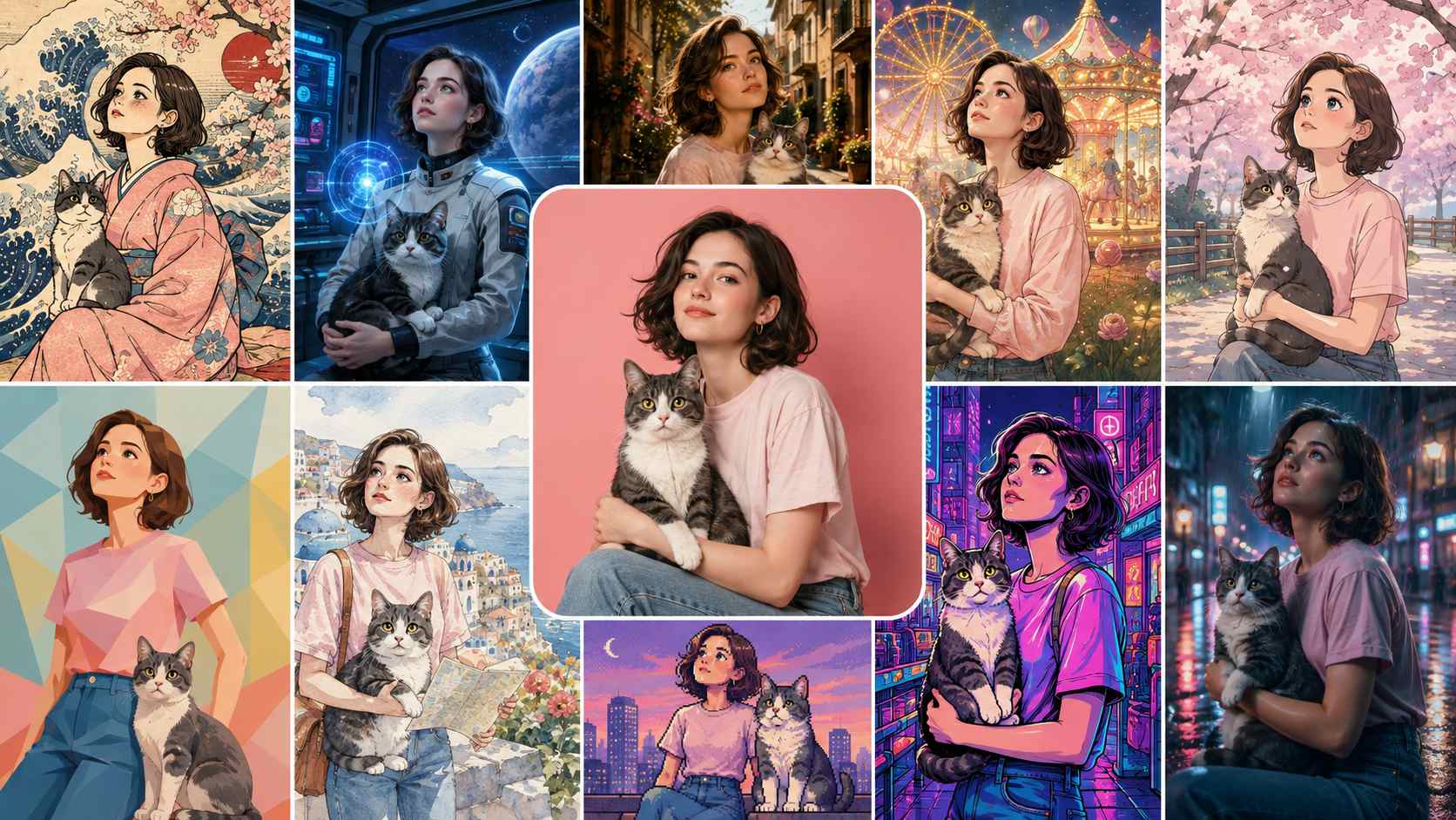 Midjourney style exploration showing a woman with her cat across realistic, anime, watercolor, pixel art, and neon scenes