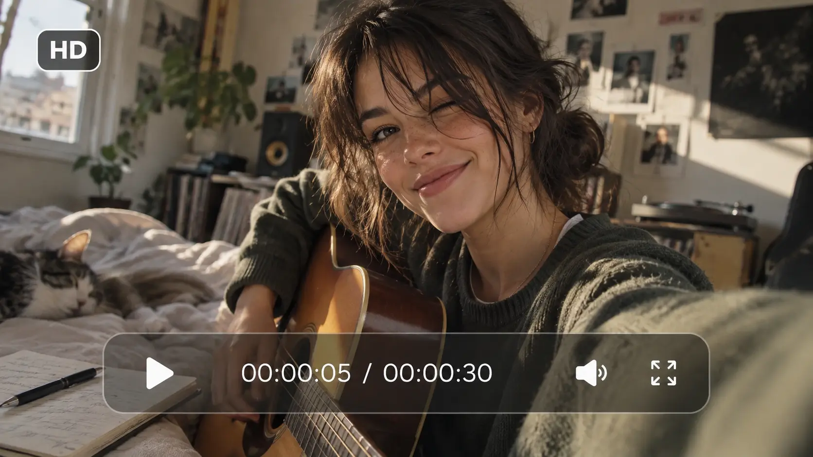 Wan 3.0で生成した、ギターを弾く女性の30秒HD vlog動画