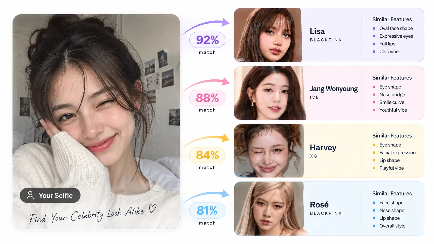 Trova sosia VIP online di AI Ease che confronta un selfie con Lisa, Jang Wonyoung, Harvey e Rosé