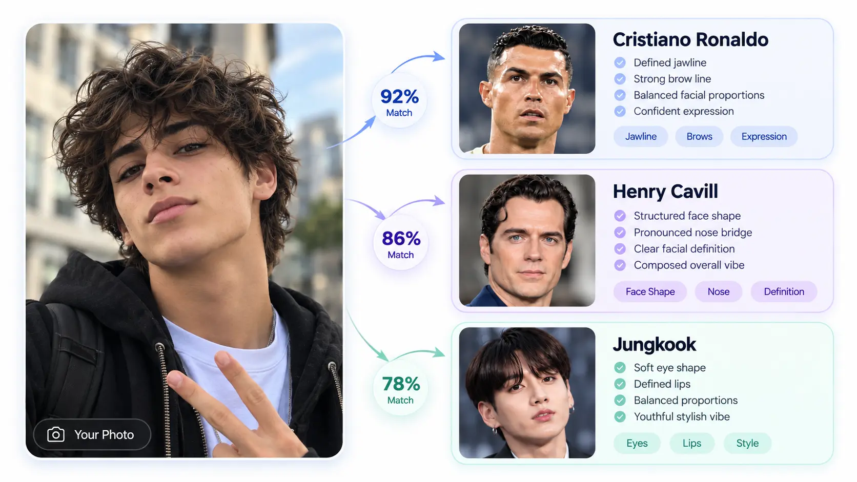 Trova sosia VIP di AI Ease che mostra un selfie maschile abbinato a Cristiano Ronaldo, Henry Cavill e Jungkook