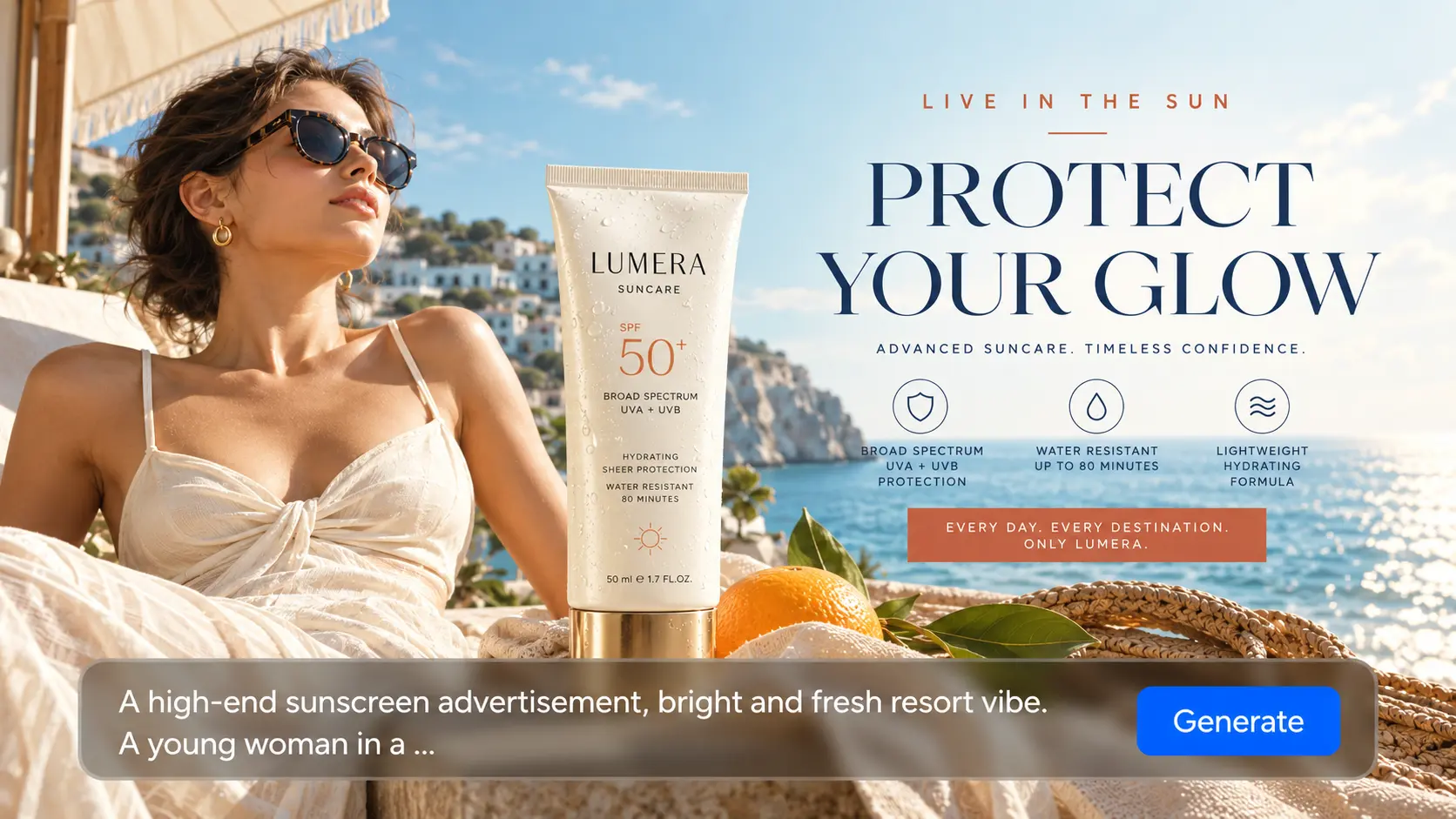 AI Ease AI image generator creating a high-end sunscreen advertising poster from a text prompt