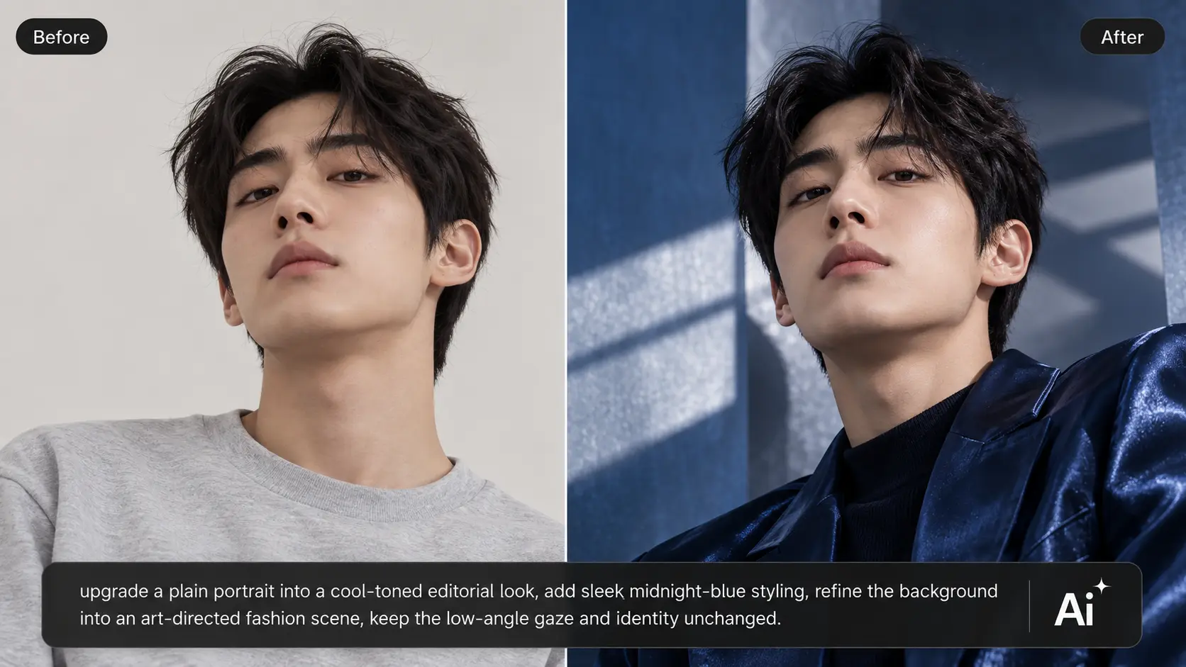 AI Ease AI image editor showing a before-and-after fashion portrait style transformation
