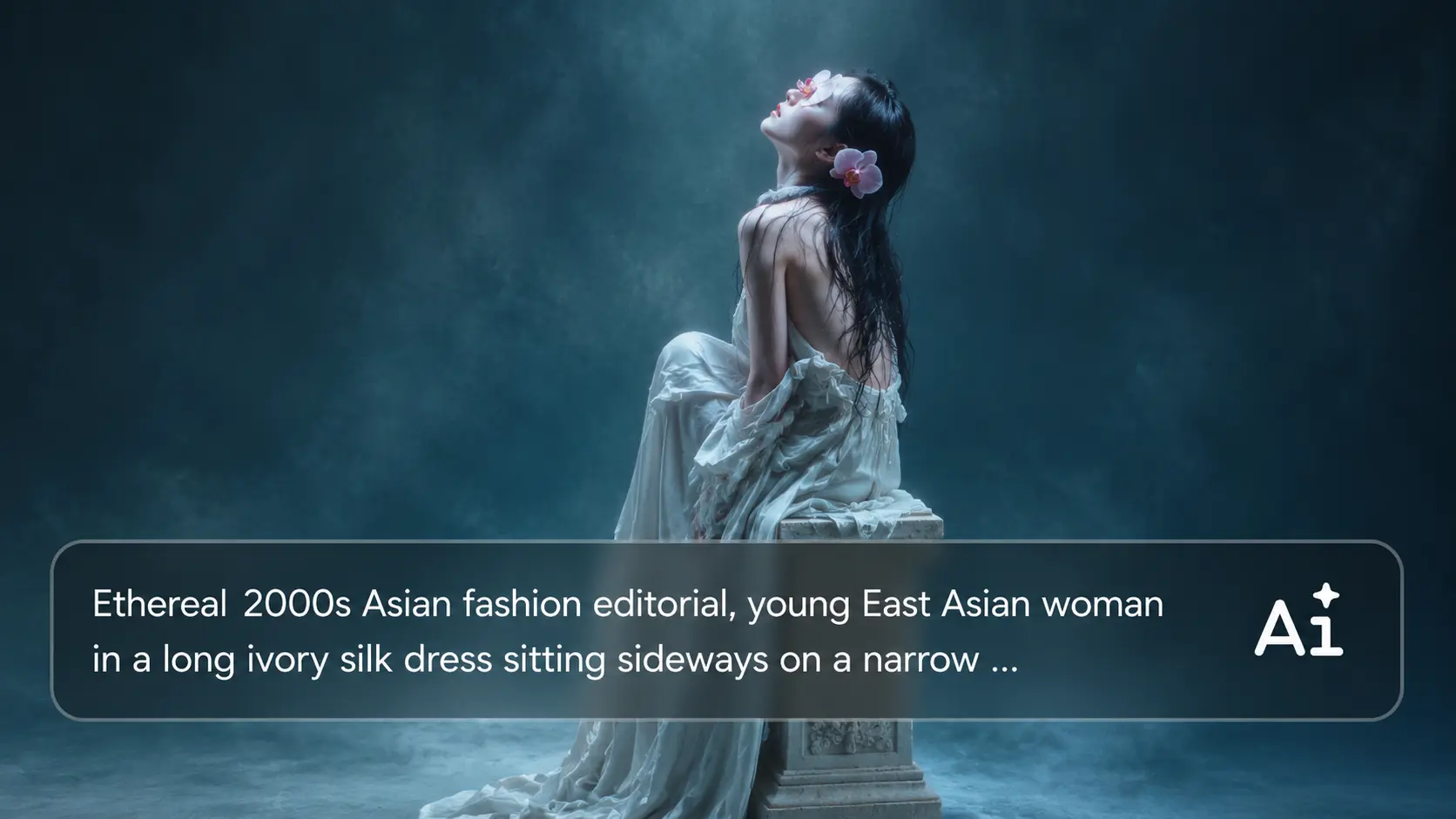 AI Ease AI image generator creating a surreal fashion editorial from a detailed text prompt