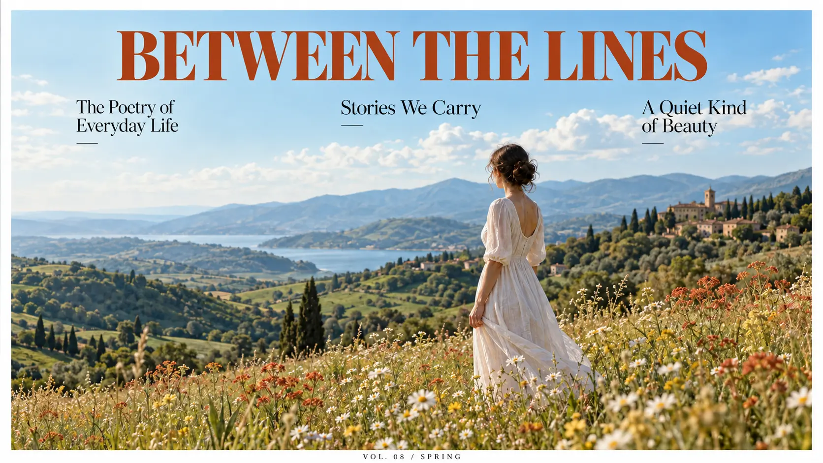 ein Magazin-Cover mit klar gerendertem Text und einer Frau in einem weißen Kleid in einer Blumenwiese über einem See