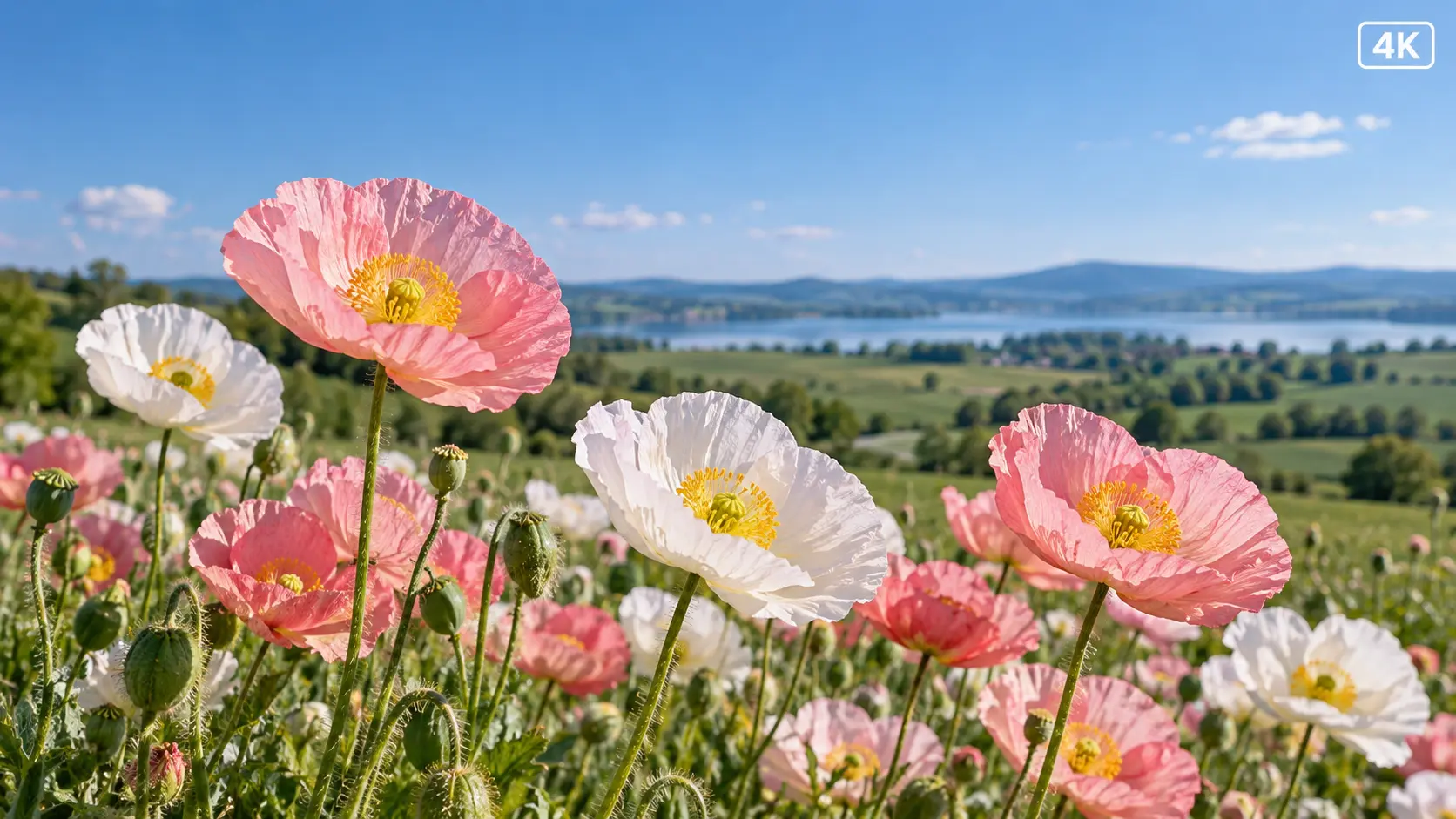rosa und weiße Mohnblumen auf einer Wiese mit einem See und Bergen
